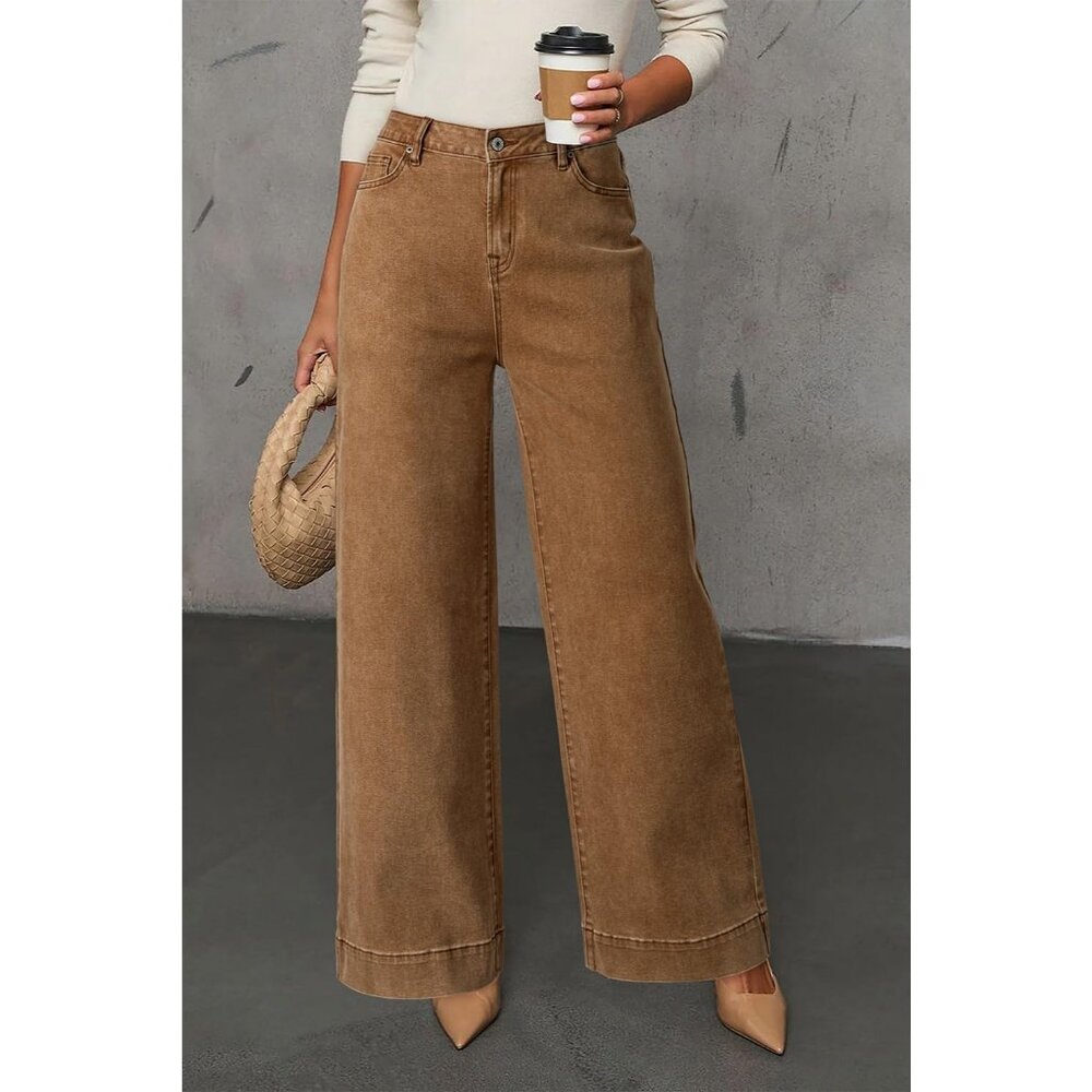 Women Light French Beige Wide Leg Denim Jeans Stretchy Loose Pant with Pockets - Picture 5 of 6